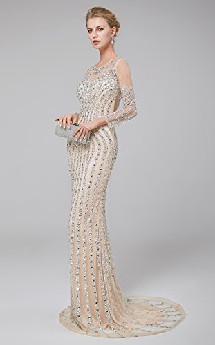 Champagne Mermaid Evening Dress with Jewel Beading and Sleeves