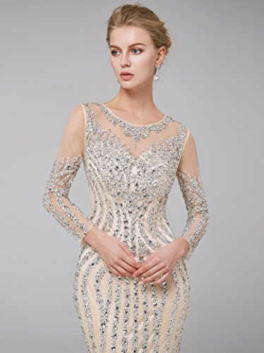 Champagne Mermaid Evening Dress with Jewel Beading and Sleeves
