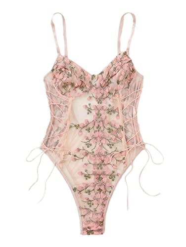 Floral Lace-Up Pink Teddy Lingerie Bodysuit