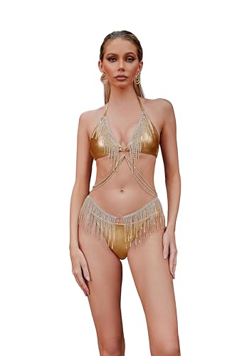 LUMINOVA Metallic Gold Fringe Bikini Swim Set