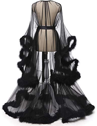 Elegant Black Feather Bridal Illusion Robe - Medium