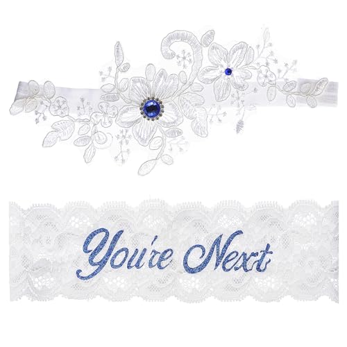 Lusofie Blue Rhinestone Bridal Lace Garter Set