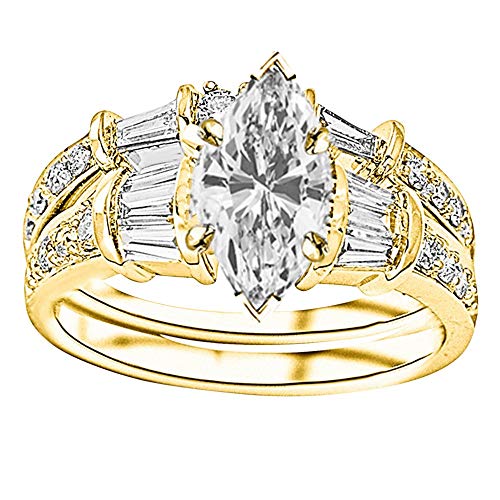 Marquise Cut Diamond Wedding Band Set - 14K Yellow Gold