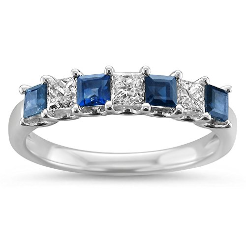 Princess-cut Diamond & Sapphire Wedding Band in 14K White Gold