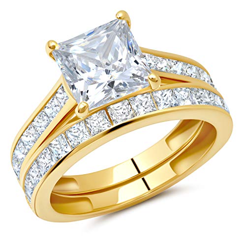 Princess Cut CZ Wedding Ring Set in Yellow Gold