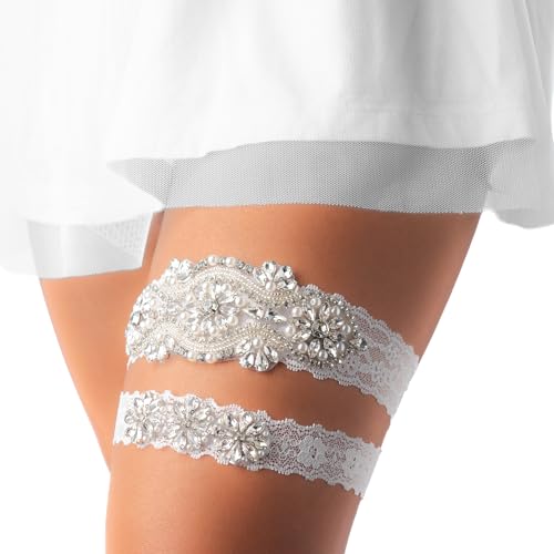Elegant Stretch Lace Garter with Rhinestones and Pearls