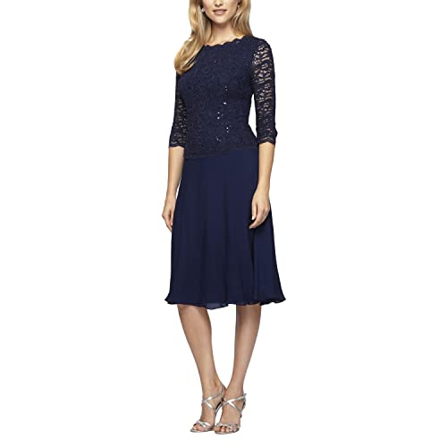Navy tea length sequin dress by Alex Evenings
