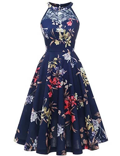 Floral Tea Dress for Wedding Guest - Navy Blue