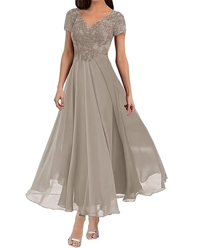 Taupe Lace V-Neck Tea-Length Mother of the Groom