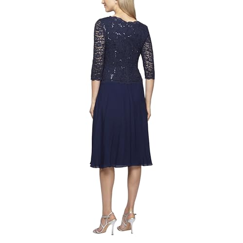 Navy tea length sequin dress by Alex Evenings