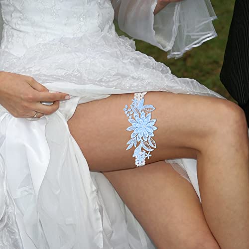 Bridal Lace Garter Set with Blue Flower Accents