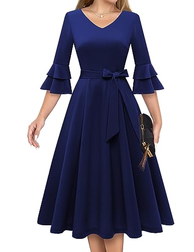 Tea Length Wedding Guest Dress, Long Sleeve Navy