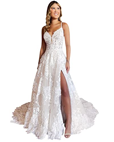 White Lace Ball Gown Wedding Dress with Slit