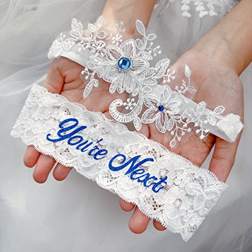 Lace and Crystal Bridal Garter Set - White