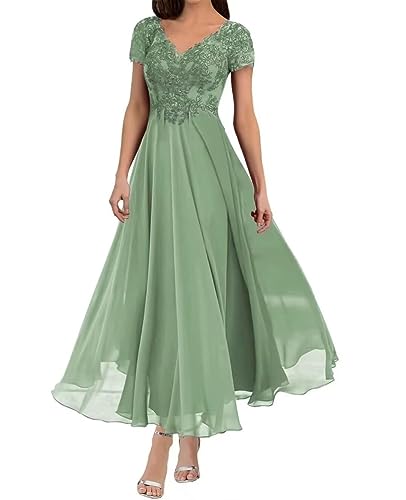 Taupe Lace V-Neck Tea-Length Mother of the Groom