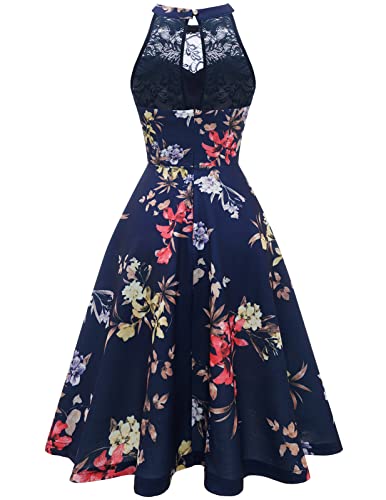 Floral Tea Dress for Wedding Guest - Navy Blue
