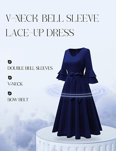 Tea Length Wedding Guest Dress, Long Sleeve Navy