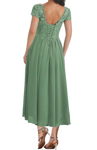 Taupe Lace V-Neck Tea-Length Mother of the Groom