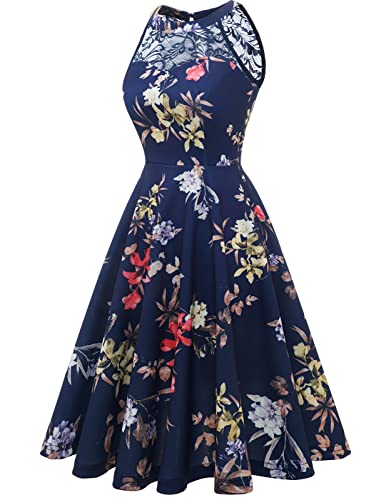Floral Tea Dress for Wedding Guest - Navy Blue