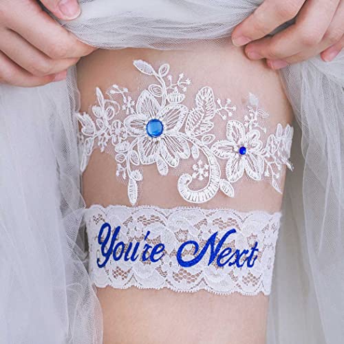 Lace and Crystal Bridal Garter Set - White