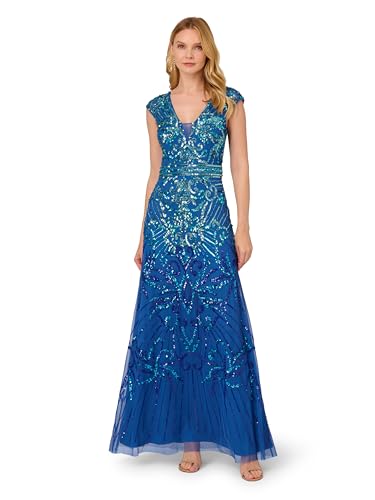 Adrianna Papell Blue Horizon Beaded Cap Sleeve Dress