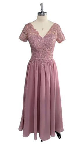 Taupe Lace V-Neck Tea-Length Mother of the Groom