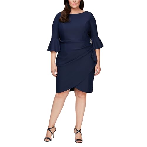 Navy Bell-Sleeve Sheath Dress for Plus-Size Wedding 2022