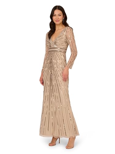 Adrianna Papell Beaded Long Gown for Women, Biscotti