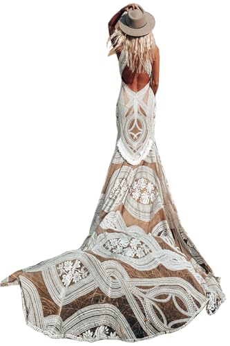 Tasseled BOHO Lace Wedding Dress with Removable Sleeves