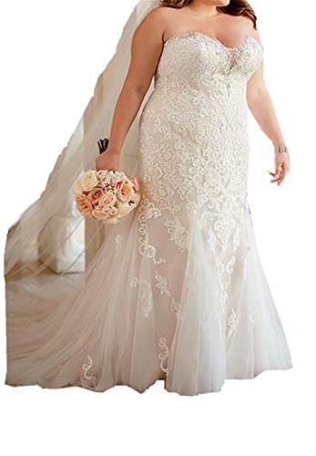 White Lace Applique Mermaid Wedding Dress for Plus Size
