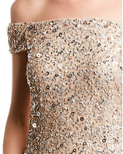 Adrianna Papell Champagne Sequin Off Shoulder Gown Size 10