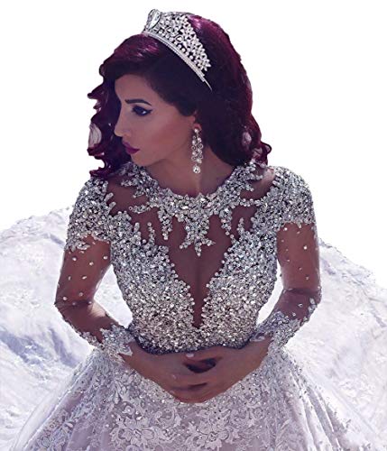 Luxury Crystals Lace Wedding Dress with Long Sleeves