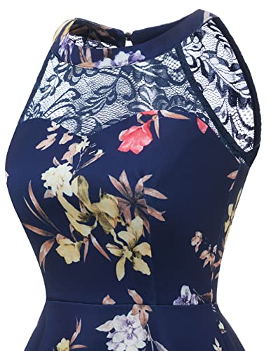 Floral Tea Dress for Wedding Guest - Navy Blue