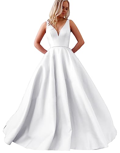 V Neck Satin Wedding Dress with Pockets, Size 6
