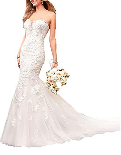 White Lace Applique Mermaid Wedding Dress for Plus Size