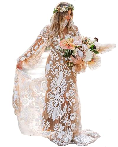 Boho Lace V-Neck Beach Wedding Dress - Plus Size