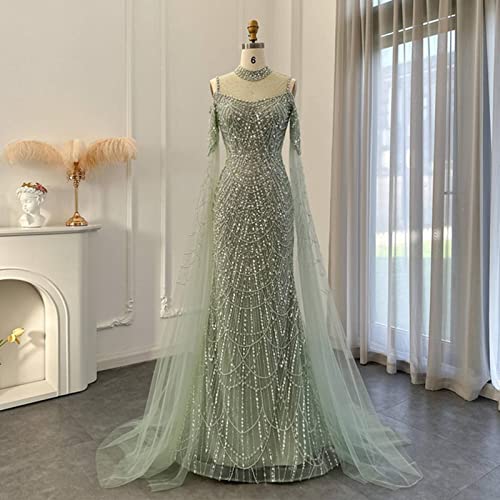 Green Mermaid Evening Dress with Cape Sleeves - Elegant Wedding Gown