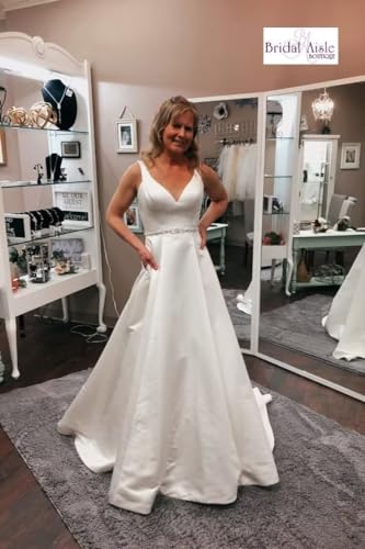 V Neck Satin Wedding Dress with Pockets, Size 6