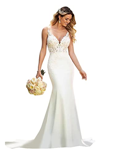 V-Neck Mermaid Lace Wedding Dress with Spaghetti Straps
