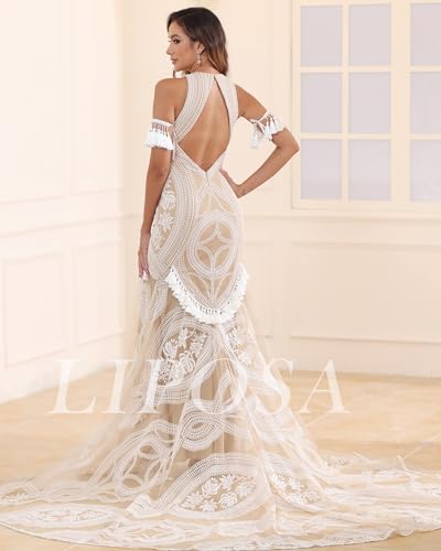 Tasseled BOHO Lace Wedding Dress with Removable Sleeves