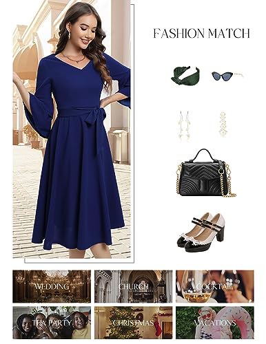Tea Length Wedding Guest Dress, Long Sleeve Navy