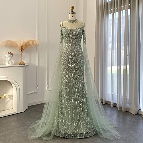 Green Mermaid Evening Dress with Cape Sleeves - Elegant Wedding Gown