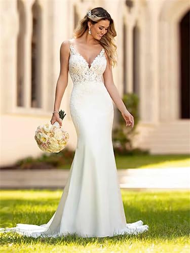 V-Neck Mermaid Lace Wedding Dress with Spaghetti Straps