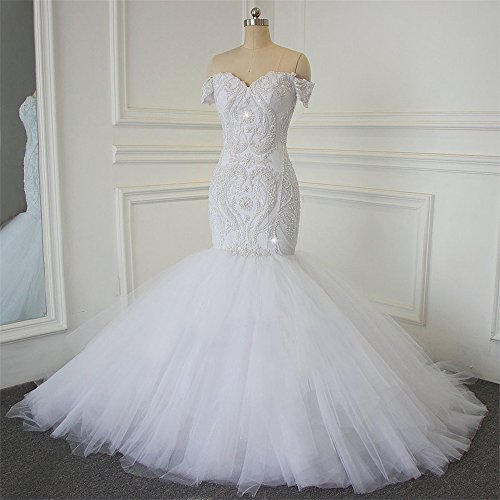 Tsbridal Off-The-Shoulder Beaded Wedding Gown Ivory-US14