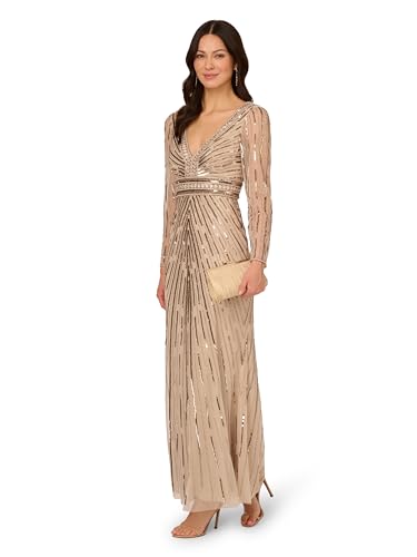 Adrianna Papell Beaded Long Gown for Women, Biscotti