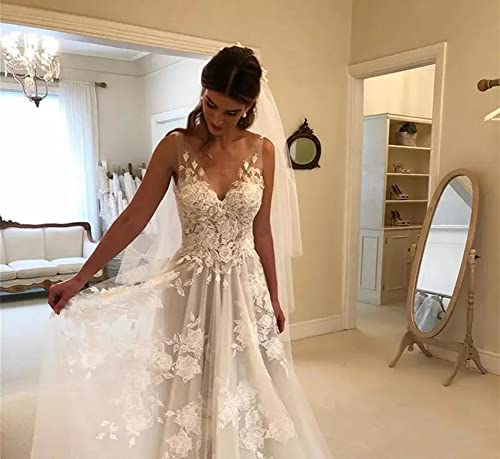 Ivory V-neck Lace Backless A-line Wedding Dress