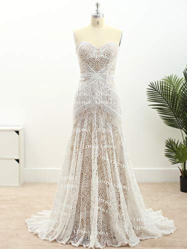 Bohemian Mermaid Lace Bridal Gown, Sweetheart Neckline, Nude