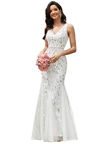 Sequin Double V-Neck Mermaid Evening Dress - White