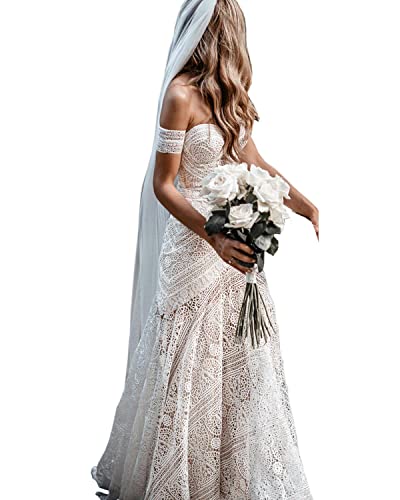 Bohemian Mermaid Lace Bridal Gown with Arm Bands