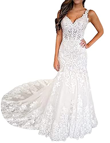 Vintage Lace Applique Mermaid Wedding Dress, White, US12